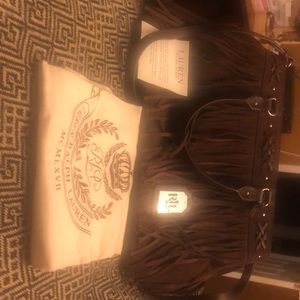 Large brown genuine suede tassel bag